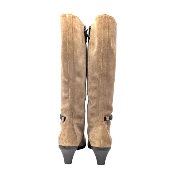 Prada Tan Suede Knee High Boots 37.5 Made in Italy Buckle Detail Heeled Luxury - Picture 5 of 11
